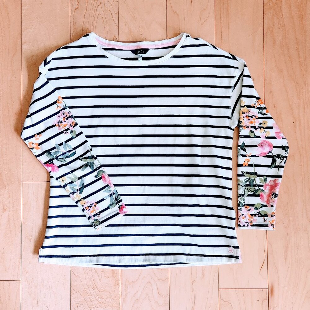 Striped Floral Sleeve Long-Sleeve Top - White/Black with Pink Floral